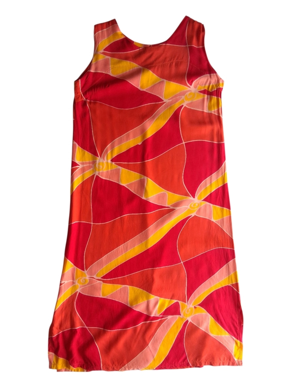 Vintage Dress Maxi Beach Sundress Red Orange Abstract Batik Print Size L